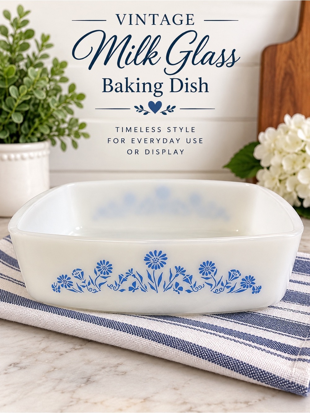 Vintage Milk Glass Blue Floral Rectangular Baking Dish | 
Casserole Dish